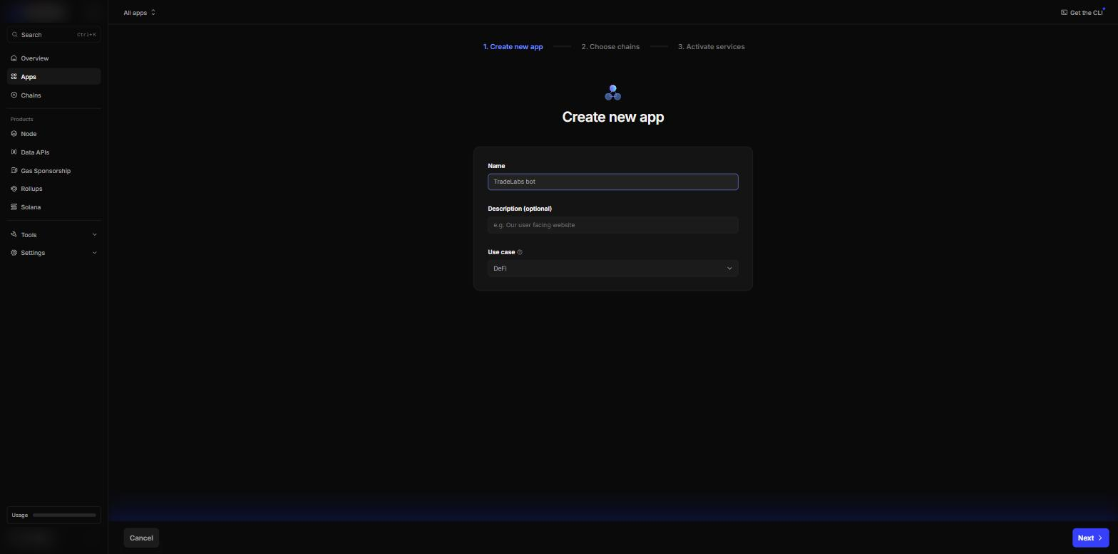 Creating a new app in the Alchemy dashboard