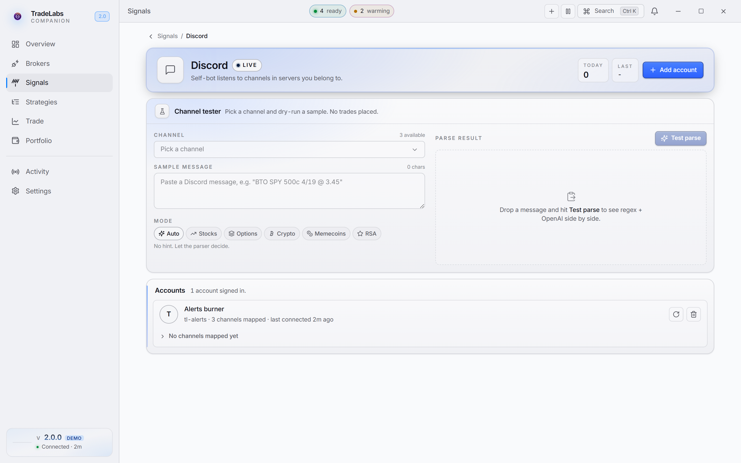 The Discord source page, showing the connected account and the channels available to strategies