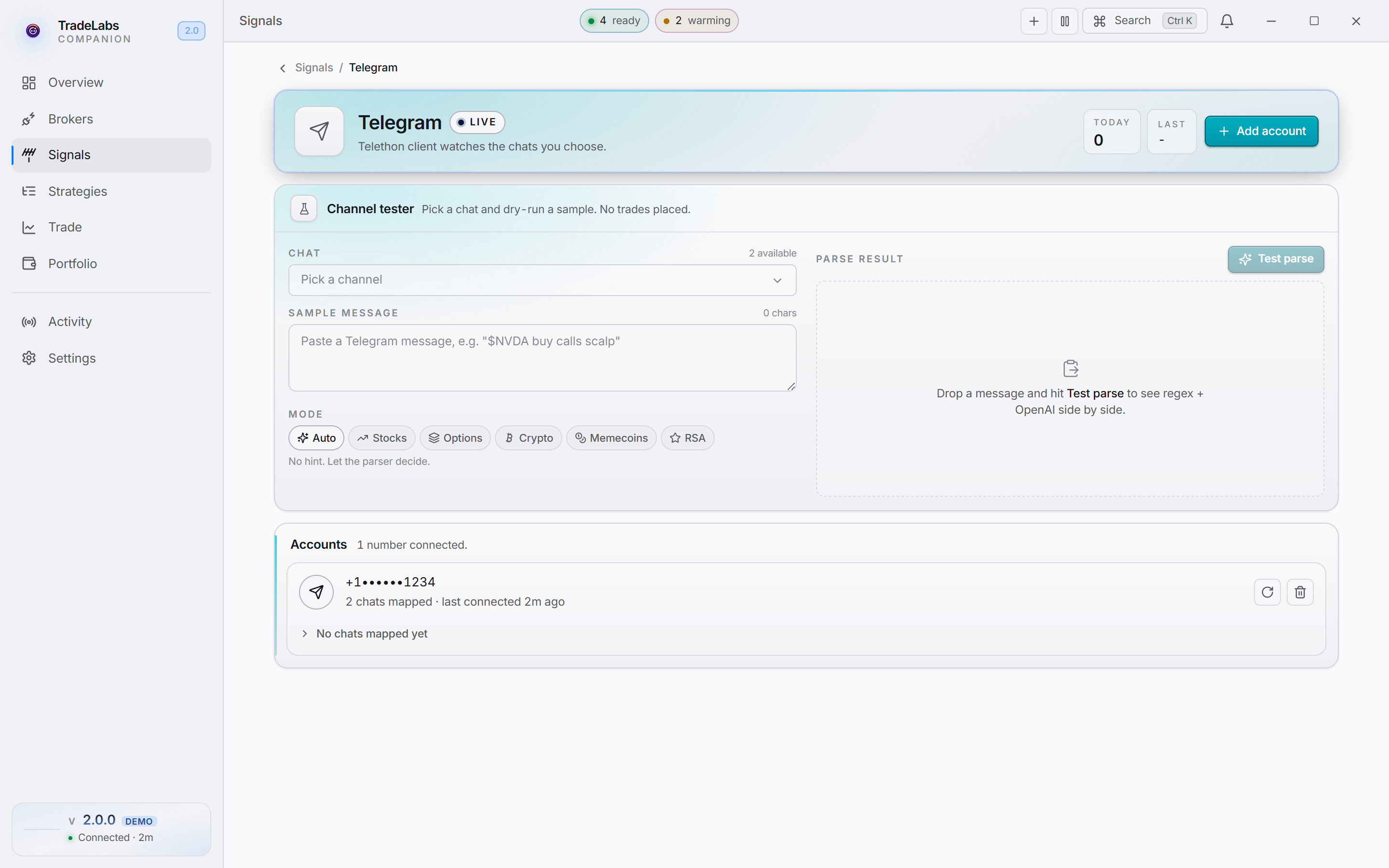 The Telegram source page, showing the connected account and the chats available to strategies