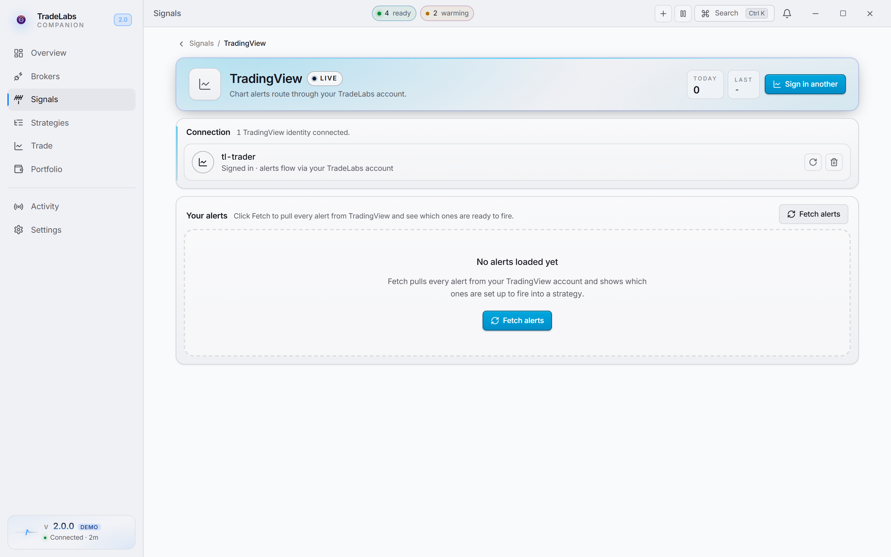 The TradingView source page, listing every alert on the account and which are ready to fire