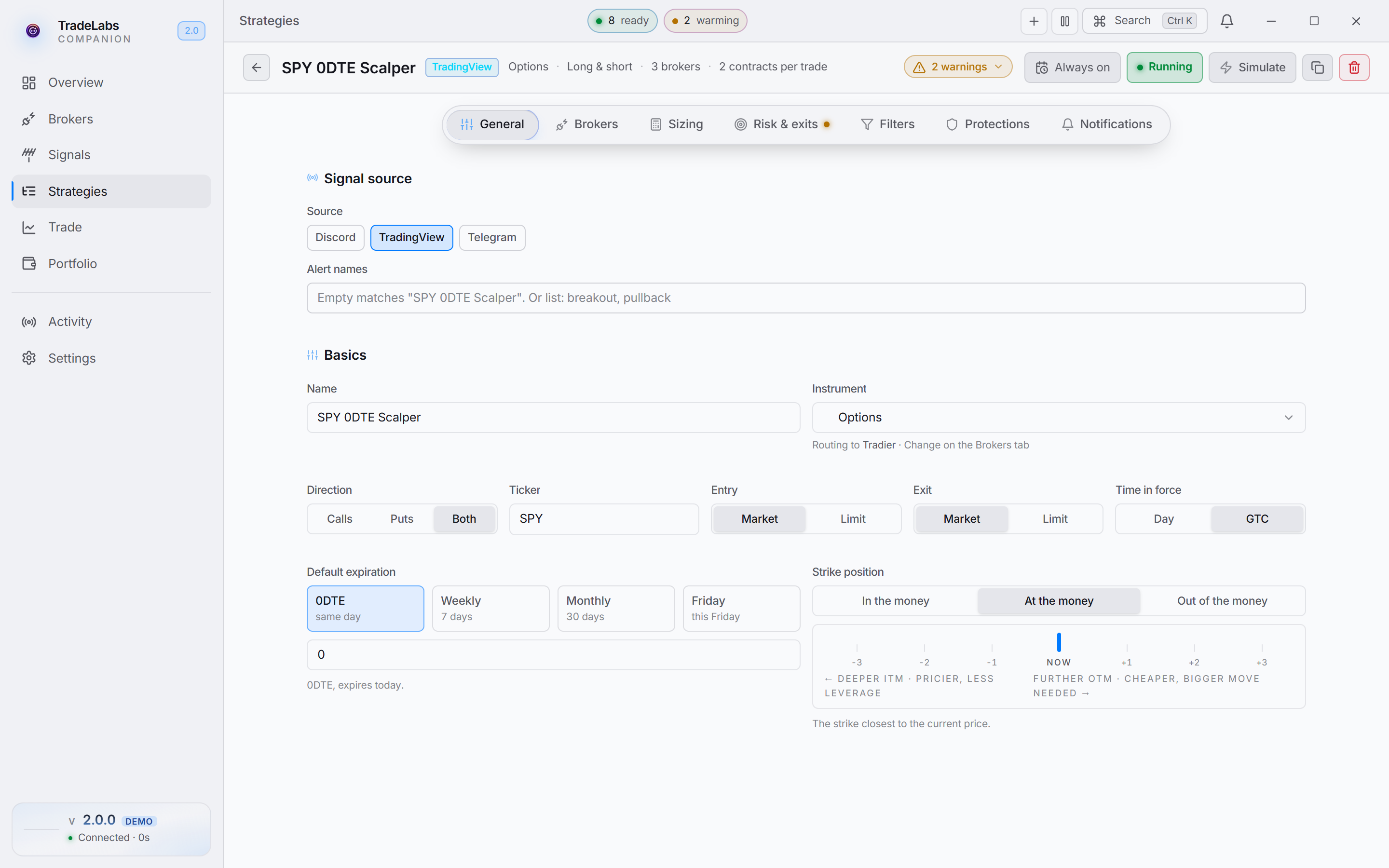 The strategy editor with an Options strategy open