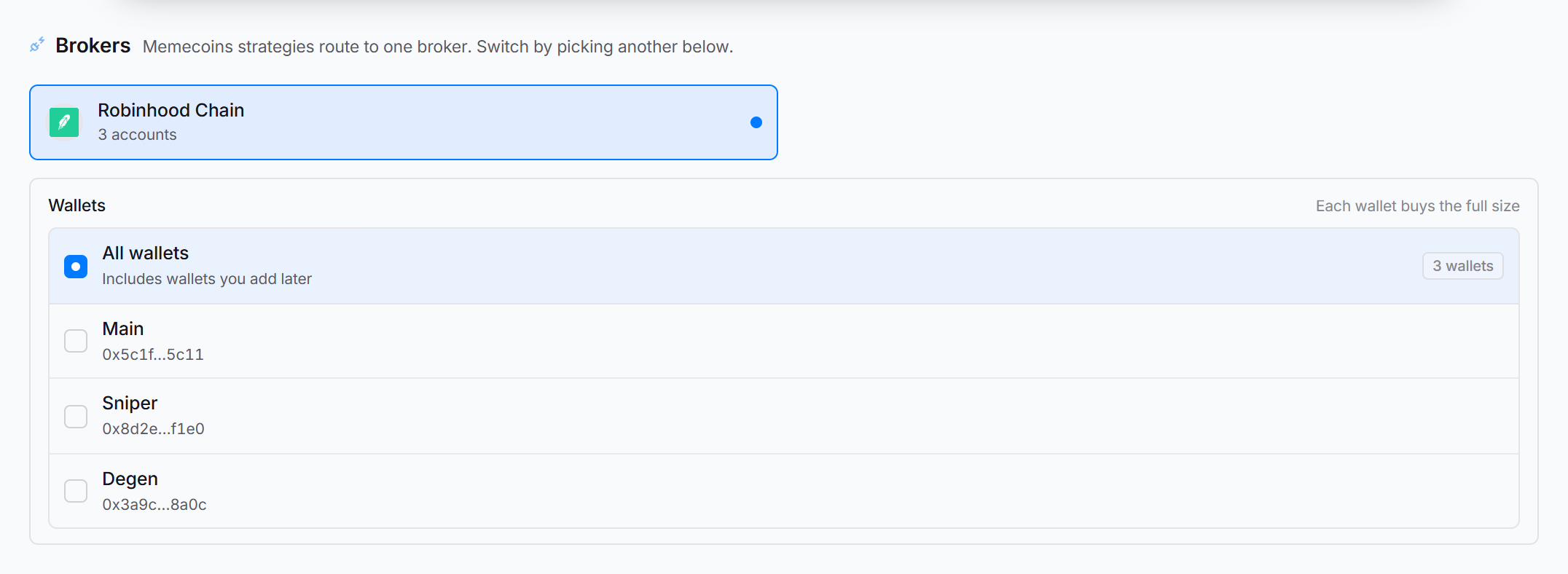 The Brokers tab with Robinhood Chain picked and the wallet list