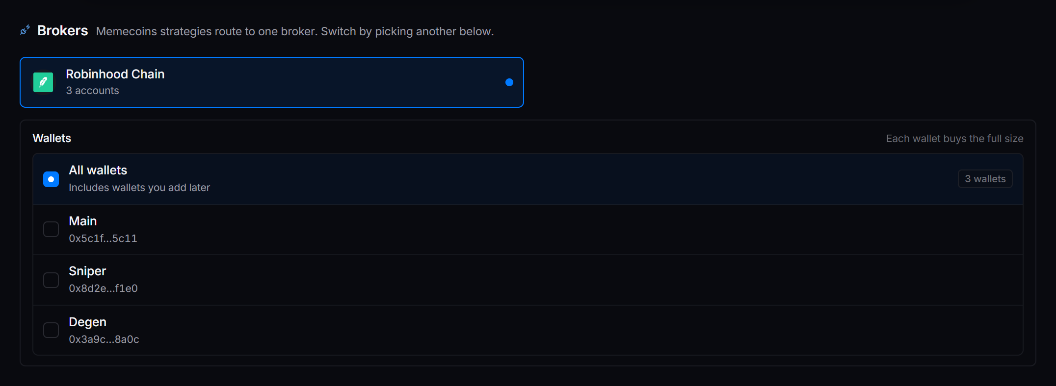 The Brokers tab with Robinhood Chain picked and the wallet list