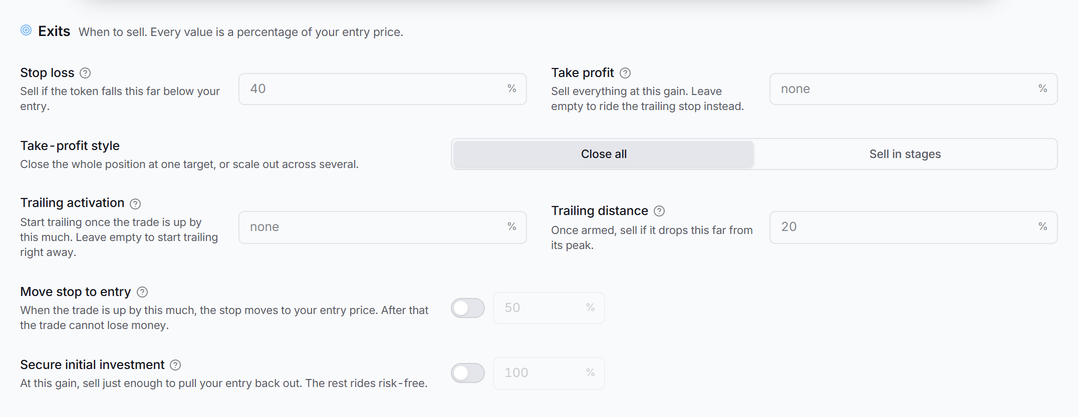 The Exits tab on a Robinhood Chain strategy
