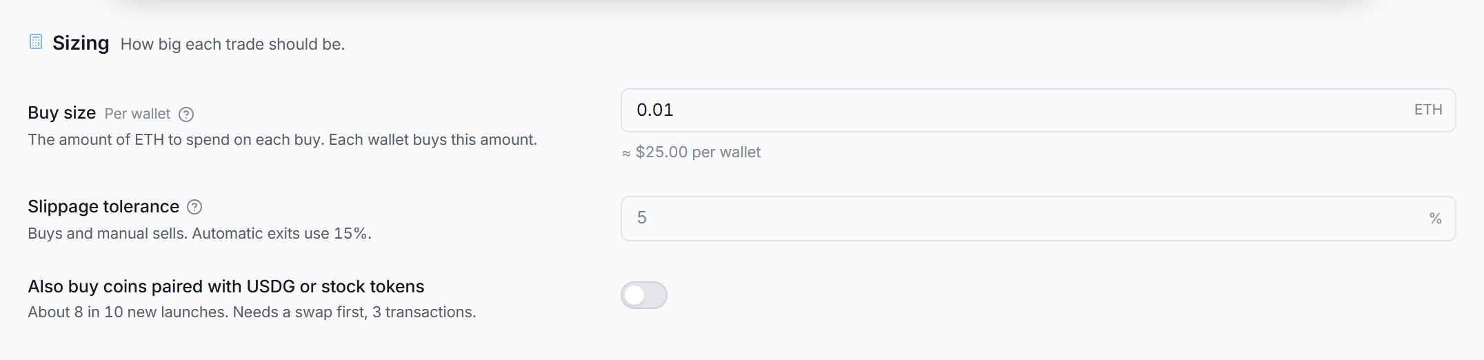 The Sizing tab on a Robinhood Chain strategy