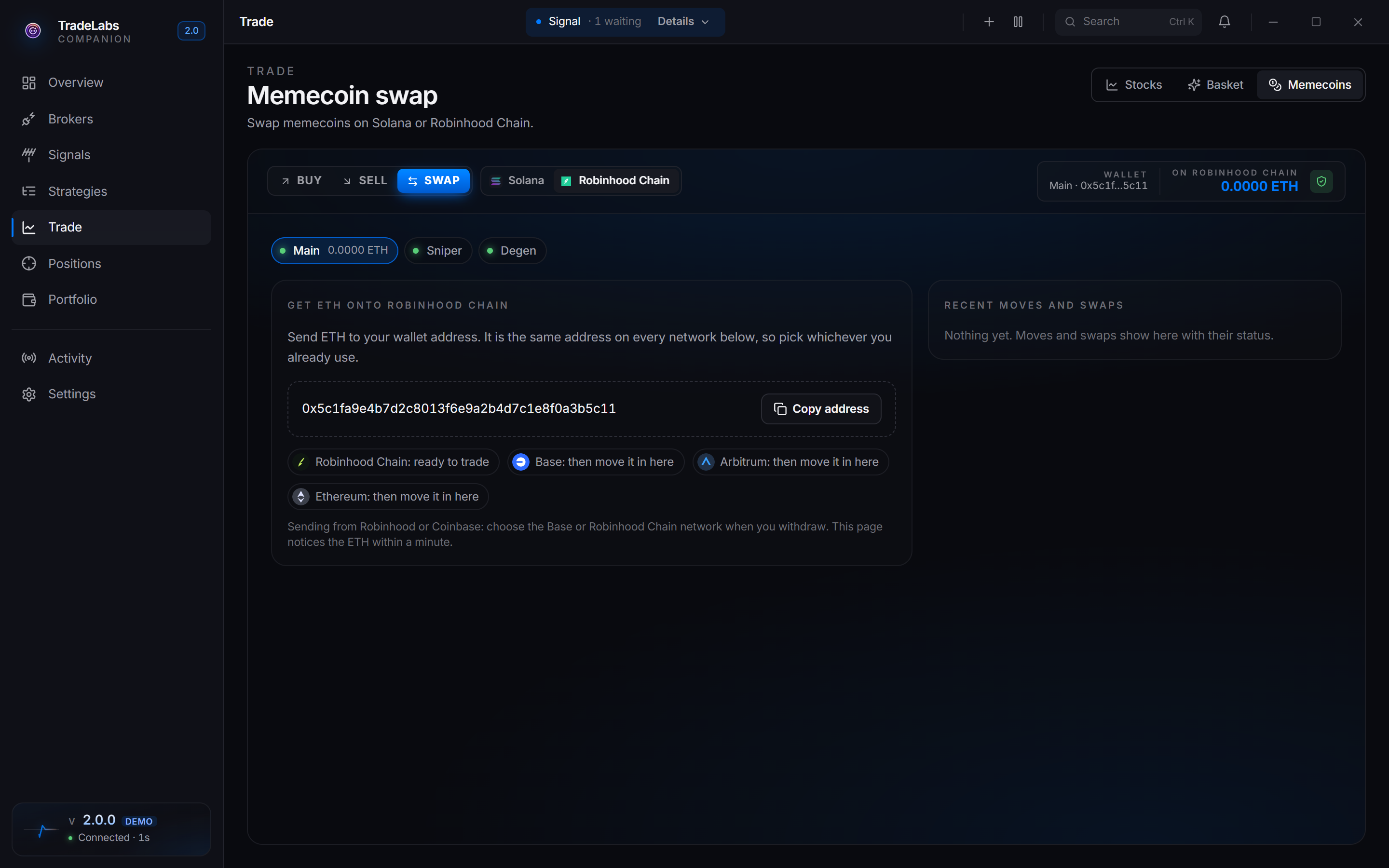 The Get ETH onto Robinhood Chain card for an empty wallet