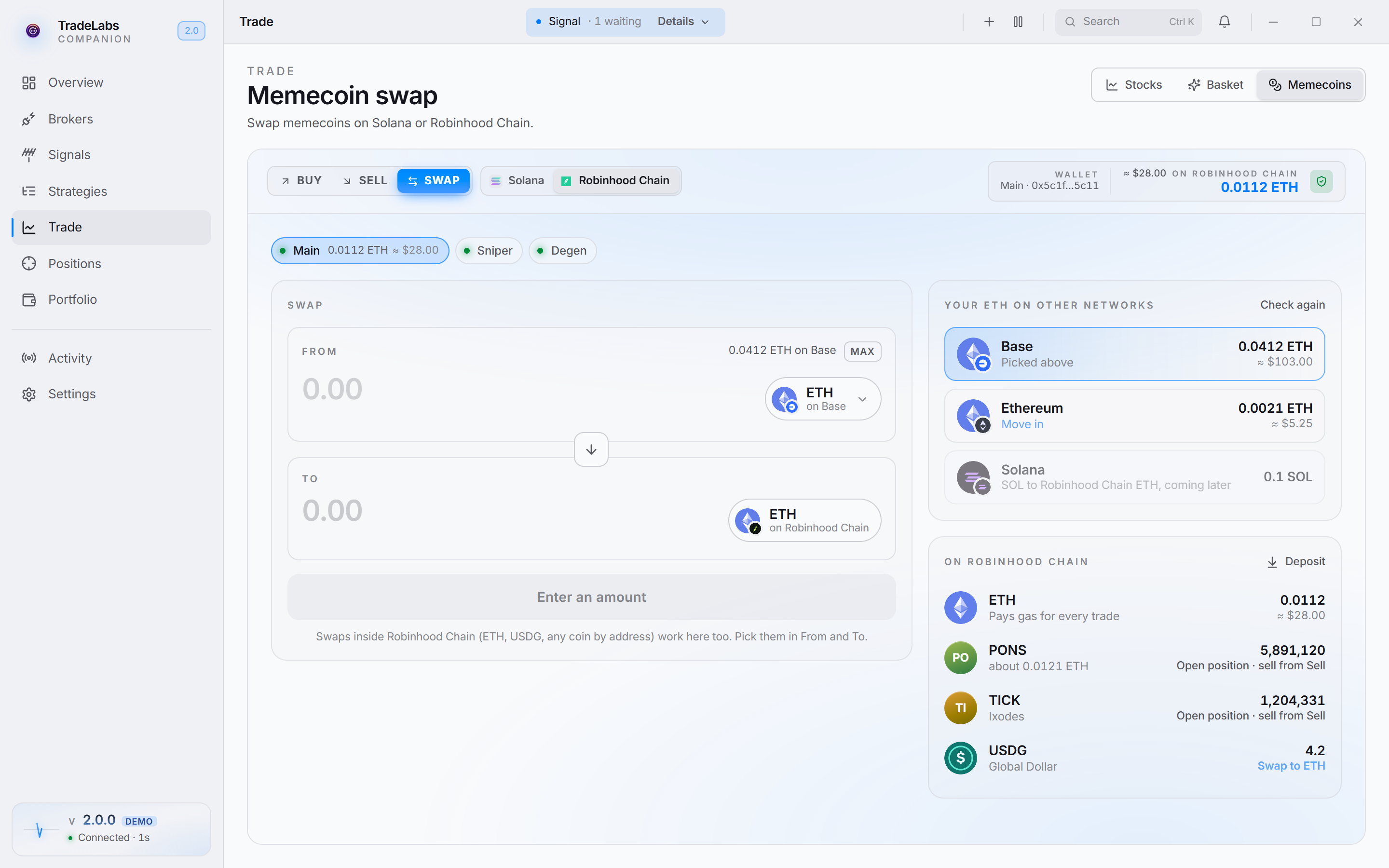 The Swap tab with ETH found on Base and Ethereum