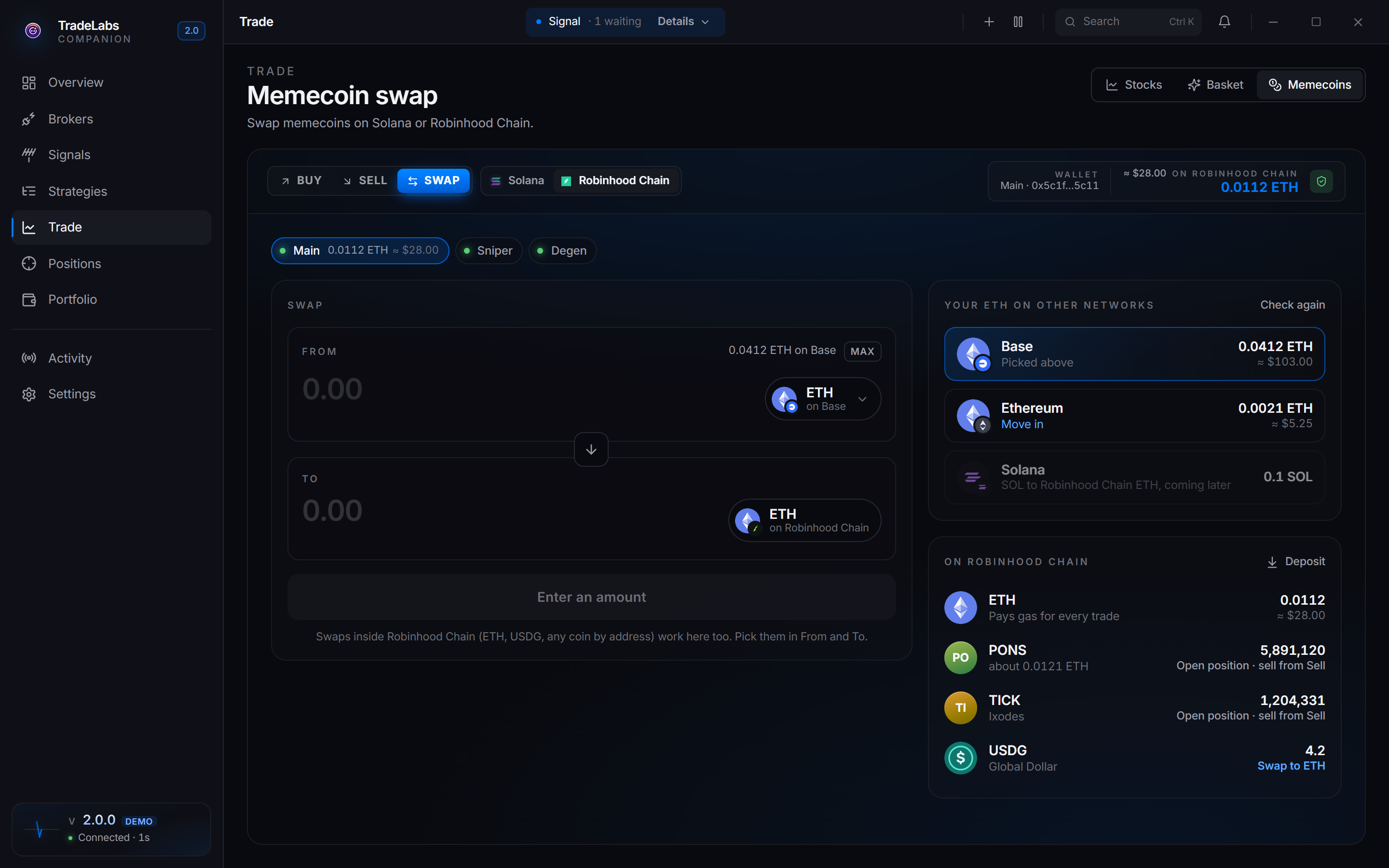 The Swap tab with ETH found on Base and Ethereum