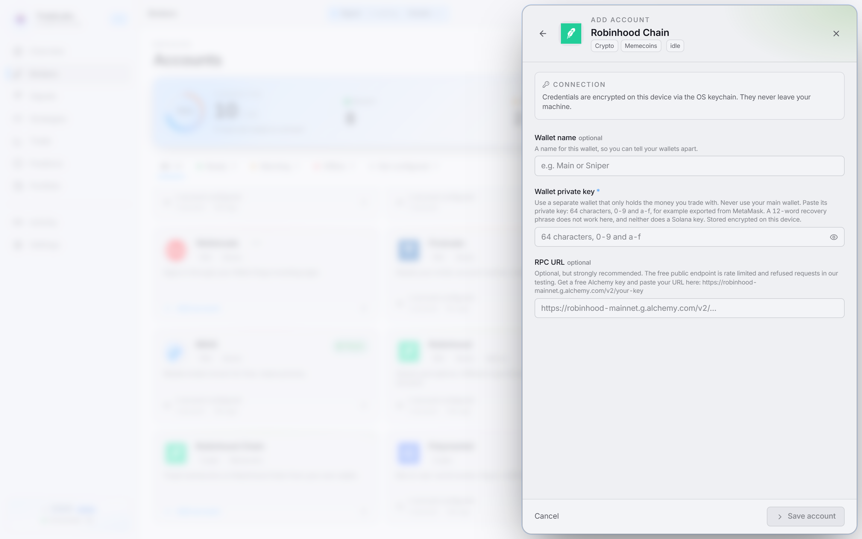 The Robinhood Chain connect form in the app