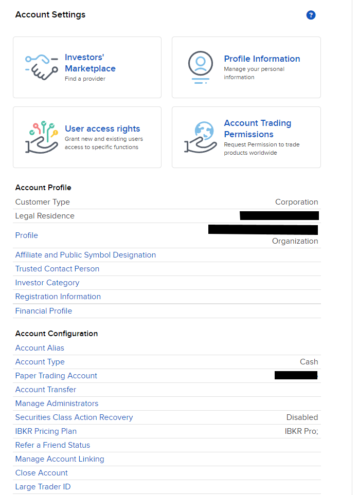 IBKR Account Settings, showing Account Type set to Cash and IBKR Pricing Plan set to IBKR Pro