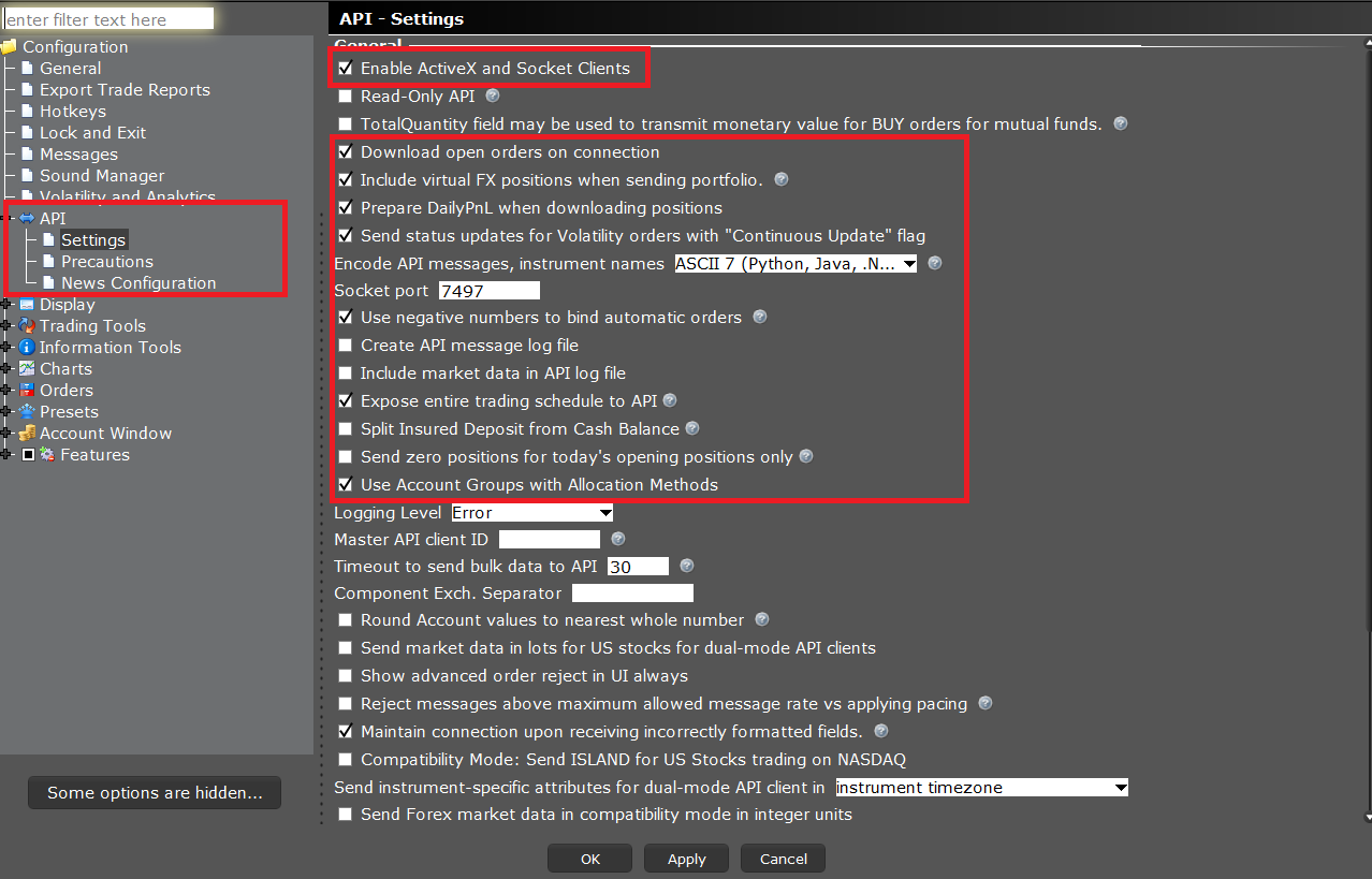 TWS Global Configuration, API Settings, with Enable ActiveX and Socket Clients ticked, Read-Only API unticked, and the socket port set to 7497