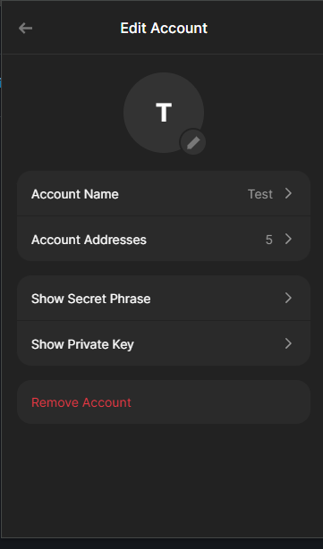 Phantom's Edit Account screen with Show Secret Phrase and Show Private Key