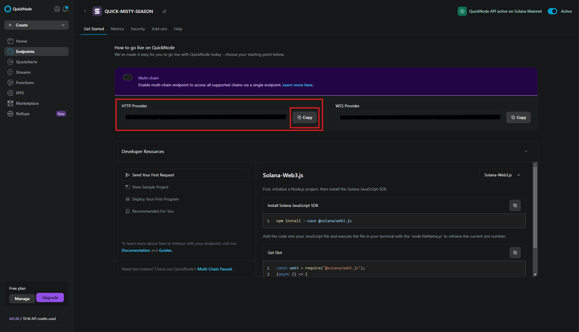A QuickNode Solana Mainnet endpoint with the HTTP Provider URL and its Copy button highlighted