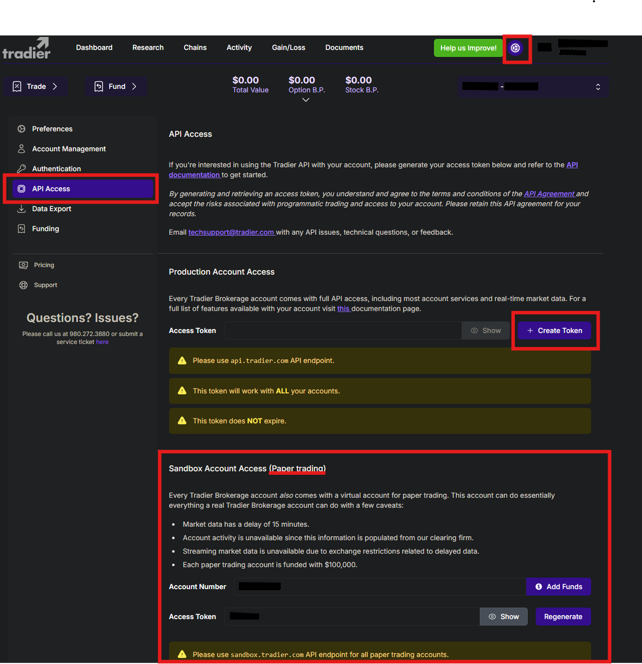 Tradier API Access page with the gear icon, the API Access menu item, Create Token under Production Account Access, and the Sandbox Account Access section highlighted