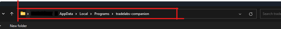 File Explorer address bar showing AppData, Local, Programs, tradelabs-companion