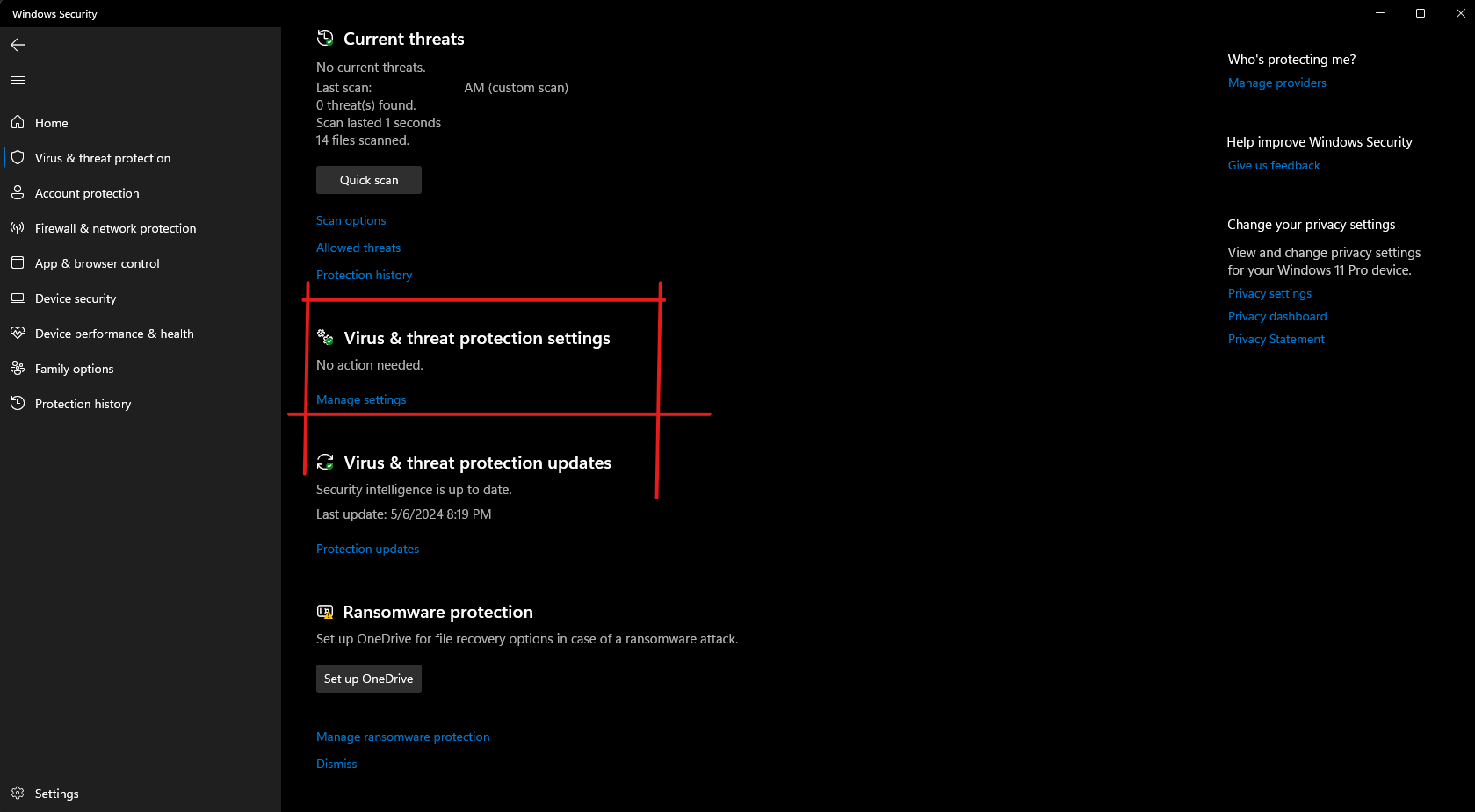 Windows Security, Virus and threat protection, with Manage settings under Virus and threat protection settings highlighted